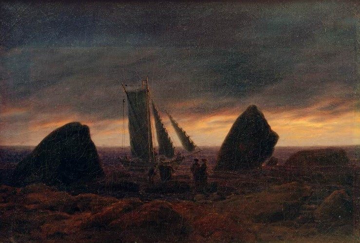 Fischerboot zwischen Findlingen unter düsterem Himmel – Caspar David Friedrich Fischerboot zwischen Findlingen Kunstkopie