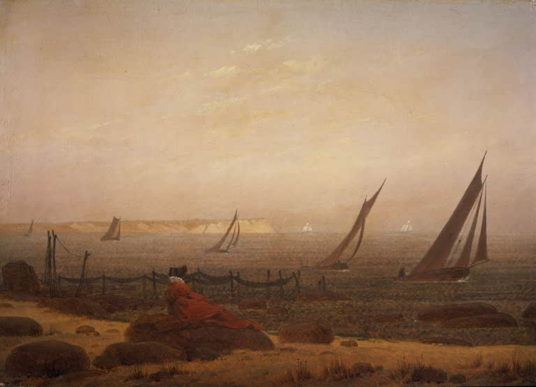 Frau in rotem Kleid sitzt am Ufer und blickt auf Segelboote im Morgenlicht – Caspar David Friedrich Frau am Meer Kunstkopie