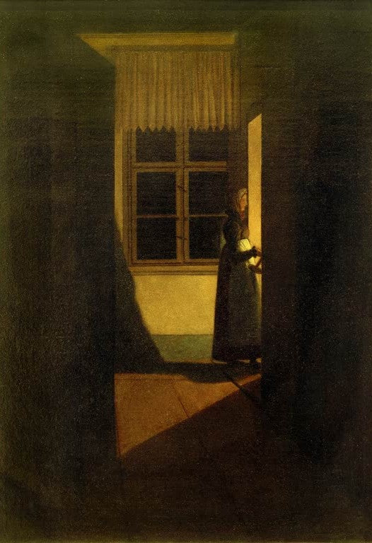 Frau mit Lampe im dunklen Treppenhaus vor einem Fenster – Caspar David Friedrich Frau die Treppe hinabsteigend Kunstkopie