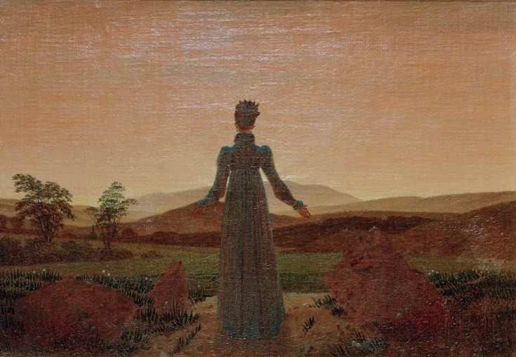 Frau mit ausgebreiteten Armen im Abendlicht – Caspar David Friedrich Frau vor der untergehenden Sonne Kunstkopie