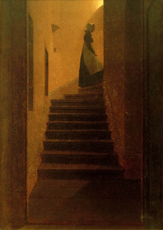 Frau in dunklem Kleid steigt eine Treppe zum Licht hinauf – Caspar David Friedrich Frau zum Licht hinaufsteigend Kunstkopie