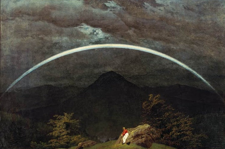 Regenbogen über dunklen Bergen, Wanderer – Caspar David Friedrich Gebirgslandschaft mit Regenbogen Kunstkopie