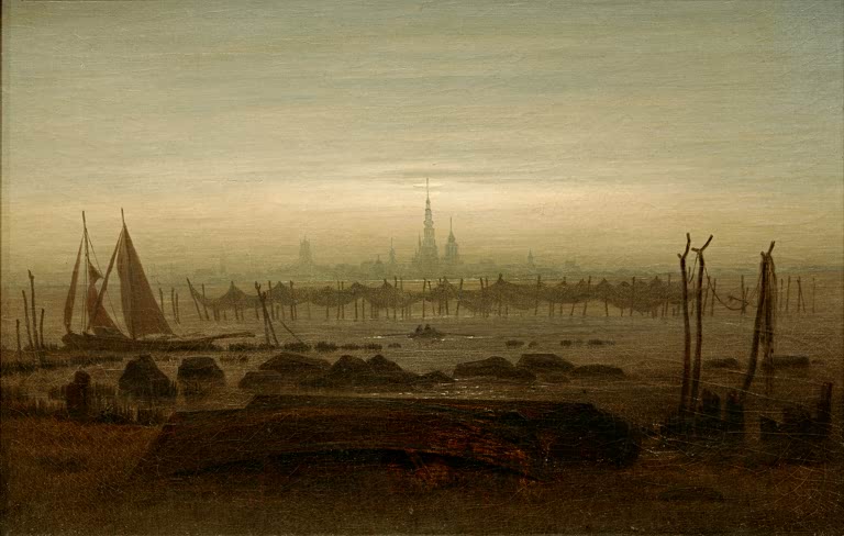 Segelboote und Netze im Mondschein vor einer Stadtsilhouette – Caspar David Friedrich Greifswald im Mondschein Kunstkopie