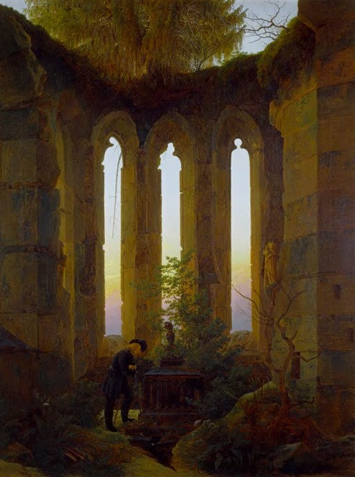 Caspar David Friedrich Huttens Grab Kunstkopie, dunkel gekleideter Mann am Grabmal in einer Ruine mit Spitzbogenfenstern