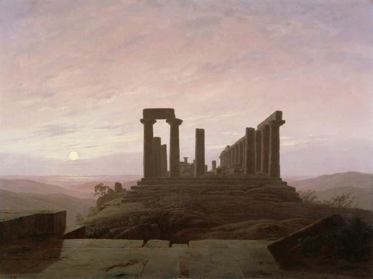 Antiker Tempel auf einer Anhöhe im rosa Abendhimmel mit Mond – Caspar David Friedrich Junotempel in Agrigent Kunstkopie