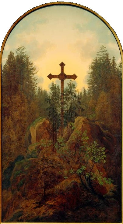 Kreuz zwischen Felsen und Tannen vor Abendhimmel im Bogenformat – Caspar David Friedrich Kreuz im Gebirge Kunstkopie