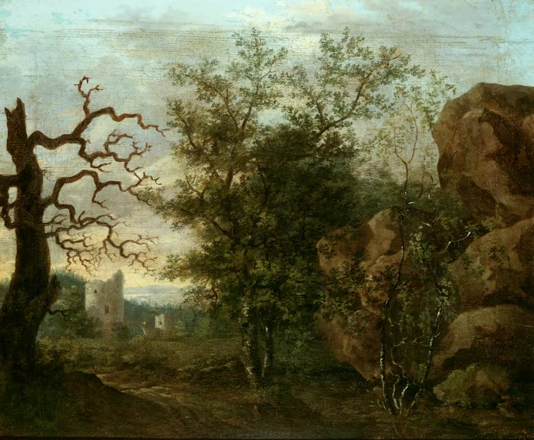Knorriger kahler Baum, Laubbäume und Felsen vor Burgruine – Caspar David Friedrich Landschaft mit kahlem Baum Kunstkopie