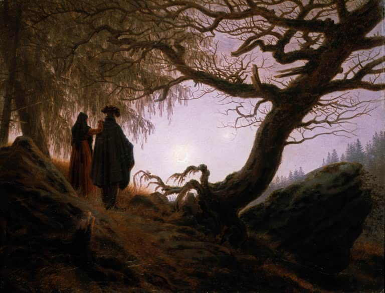 Zwei Gestalten unter knorrigem Baum, Mond – Caspar David Friedrich Mann und Frau den Mond betrachtend Kunstkopie