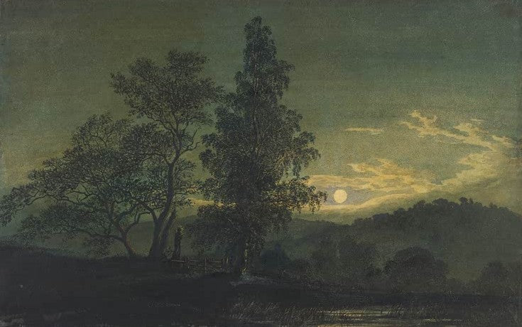 Hohe Bäume im Mondlicht über Teich – Caspar David Friedrich Mondscheinlandschaft Kunstkopie