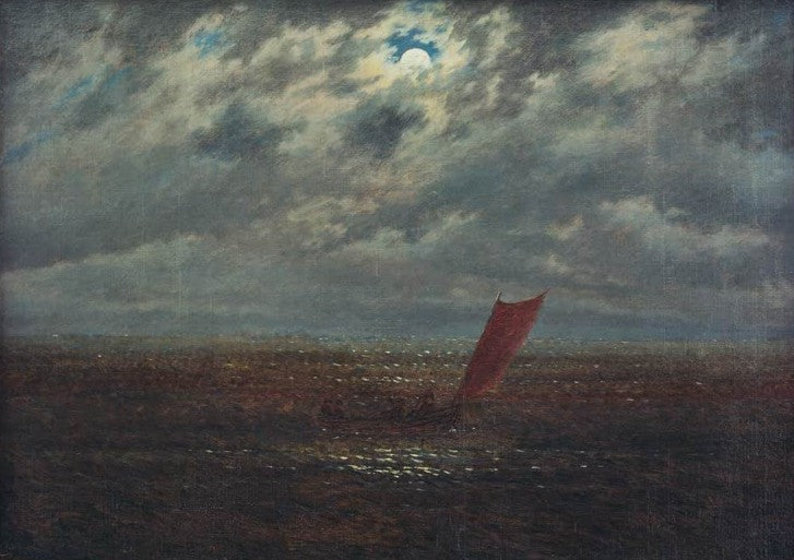 Segelboot mit rotem Segel auf nächtlichem Meer unter Mondlicht und Wolken – Caspar David Friedrich Nacht Kunstkopie