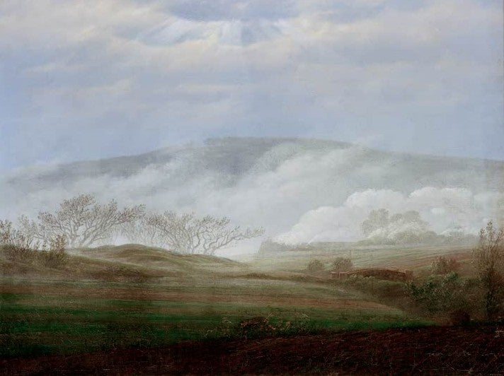 Hügelige Landschaft mit Nebelschwaden und kahlen Bäumen – Caspar David Friedrich Nebel im Elbtal Kunstkopie