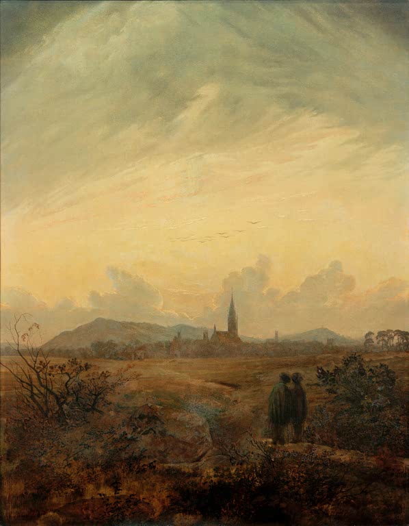 Zwei Wanderer blicken über herbstliches Land auf eine Stadt mit Kirchturm – Caspar David Friedrich Neubrandenburg Kunstkopie