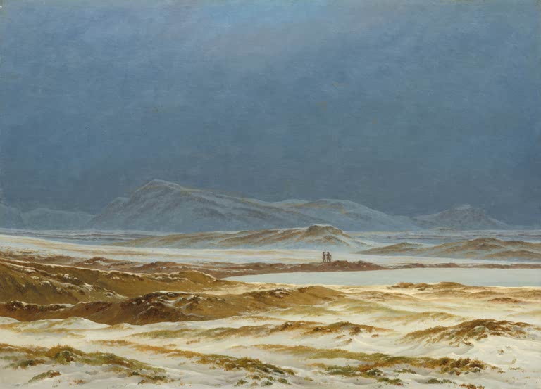Schneereste auf Hügeln unter blauem Himmel, zwei Figuren – Caspar David Friedrich Nördliche Landschaft, Frühling Kunstkopie