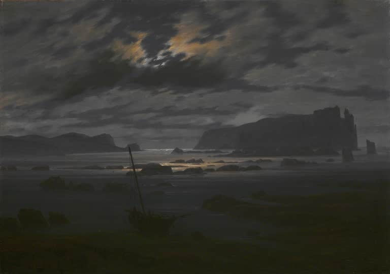 Dunkle Küste mit Klippen im Mondlicht – Caspar David Friedrich Nordsee im Mondschein Kunstkopie