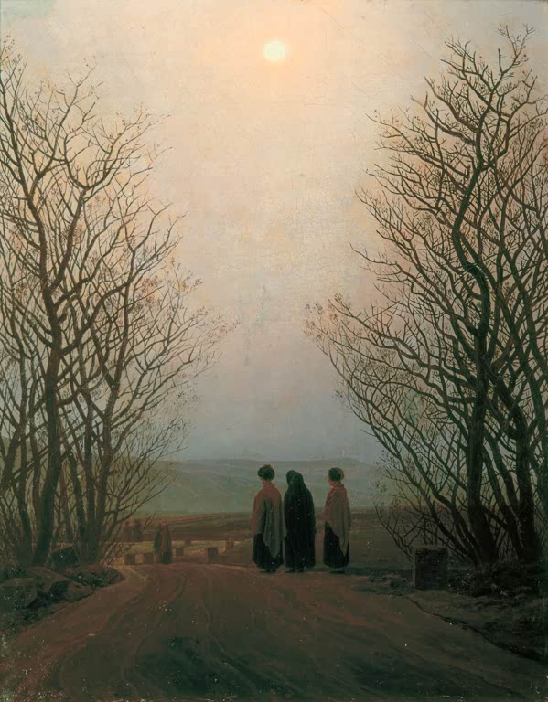 Drei Gestalten gehen auf einem Weg zwischen kahlen Bäumen zur Sonne – Caspar David Friedrich Ostermorgen Kunstkopie