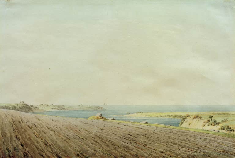 Aquarell einer Küstenbucht mit gepflügtem Feld und hellem Himmel – Caspar David Friedrich Ostsee bei Rügen Kunstkopie
