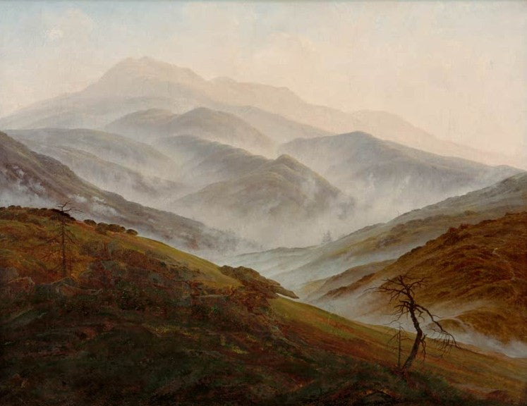 Nebelberge, davor Hänge mit kahlem Baum – Caspar David Friedrich Riesengebirgslandschaft mit aufsteigendem Nebel Kunstkopie