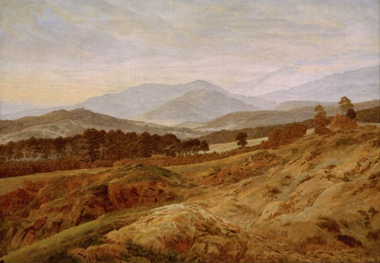 Hügelland mit Wald, Berge im Dunst – Caspar David Friedrich Riesengebirgslandschaft Kunstkopie