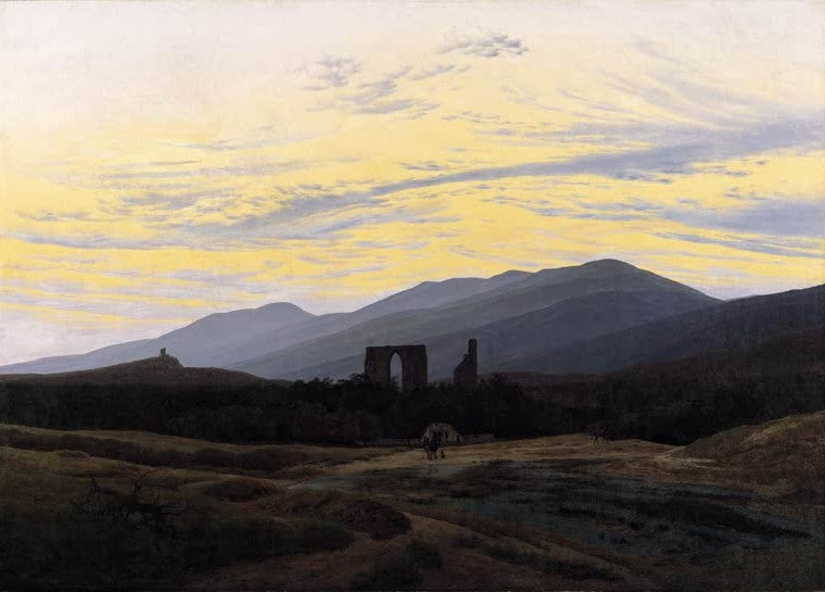 Ruine vor dunklen Bergen, gelb leuchtender Himmel – Caspar David Friedrich Ruine Eldena im Riesengebirge Kunstkopie