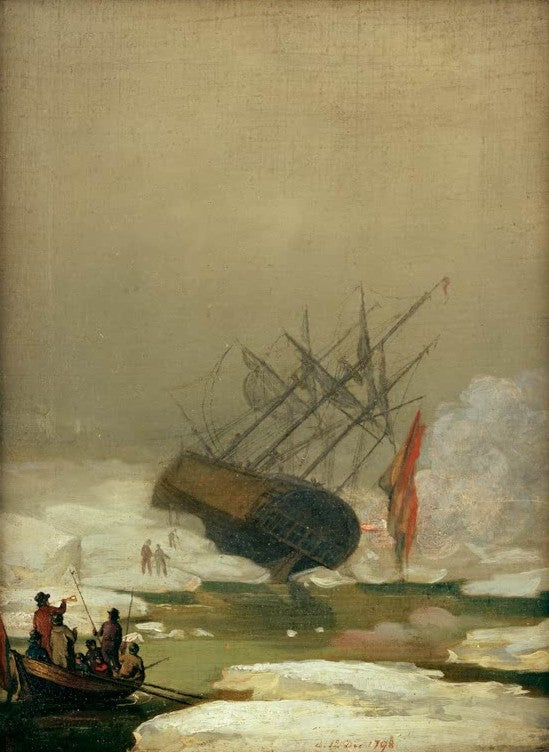 Gekentertes Schiff zwischen Eisschollen, im Vordergrund ein Boot – Caspar David Friedrich Schiff im Eismeer Kunstkopie