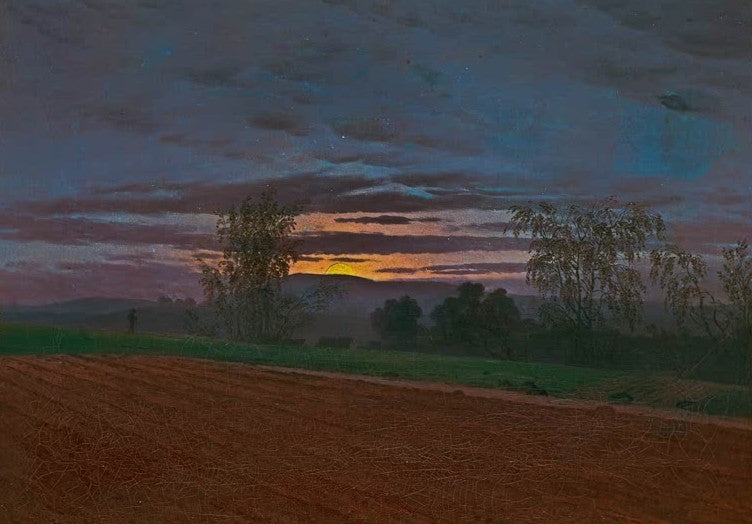 Frisch gepflügter Acker unter Abendhimmel mit tiefstehender Sonne – Caspar David Friedrich Sturzacker Kunstkopie