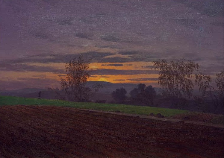 Abendrot über frisch gepflügtem Acker mit Birken und fernen Hügeln – Caspar David Friedrich Sturzacker Kunstkopie