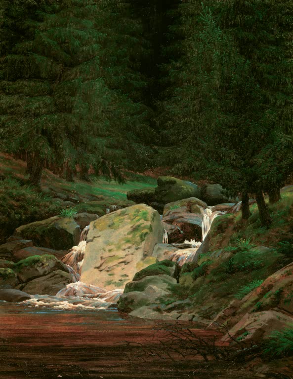 Wasserfall zwischen Felsen im Tannenwald – Caspar David Friedrich Tannenwald mit Wasserfall Kunstkopie