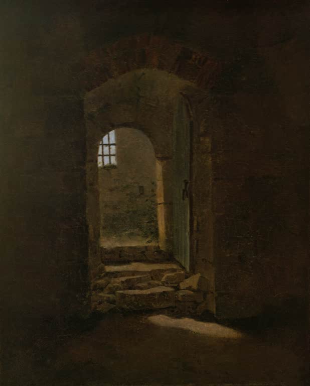 Dunkler Torbogen mit vergittertem Fenster und Steinstufen – Caspar David Friedrich Toreingang in Meissen Kunstkopie
