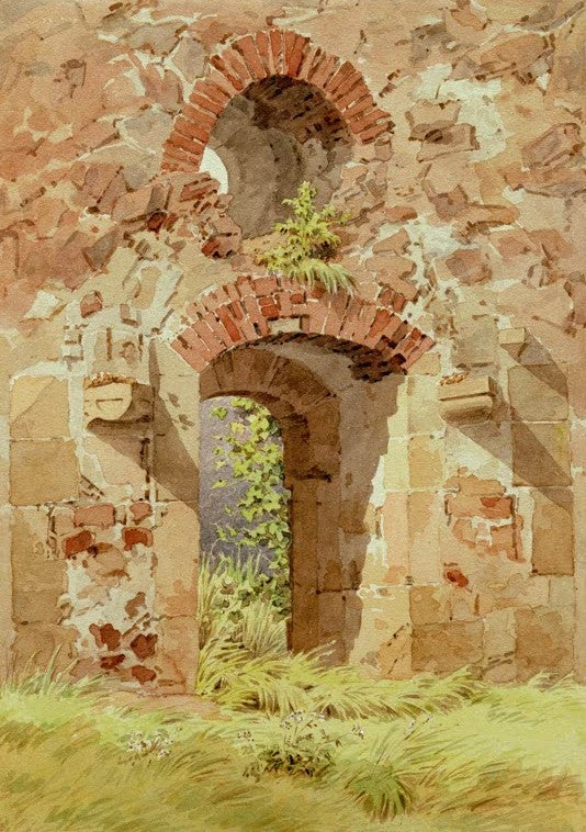 Ziegelbogen und Steinmauer einer Torruine mit grünem Gras – Caspar David Friedrich Torruine bei Meißen Kunstkopie