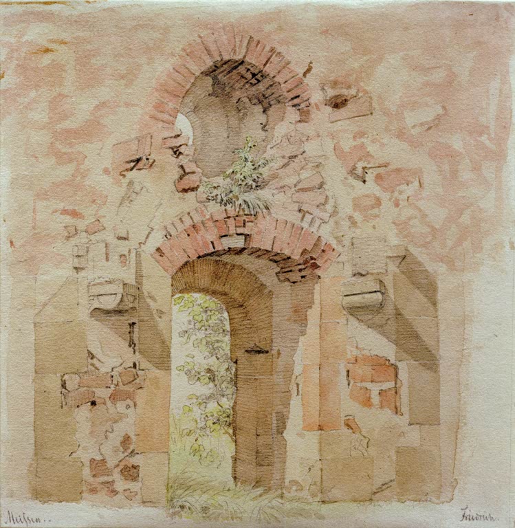 Verfallene Mauer mit rosa Putz und Ziegelbögen – Caspar David Friedrich Verfallene Mauer in Meißen Kunstkopie