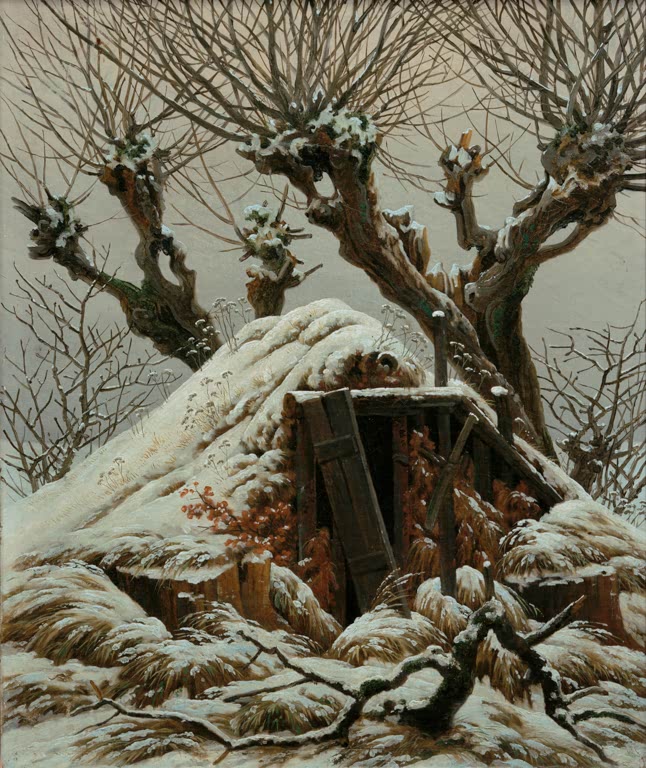 Verschneite Erdhütte unter knorrigen Kopfweiden im Winter – Caspar David Friedrich Verschneite Hütte Kunstkopie