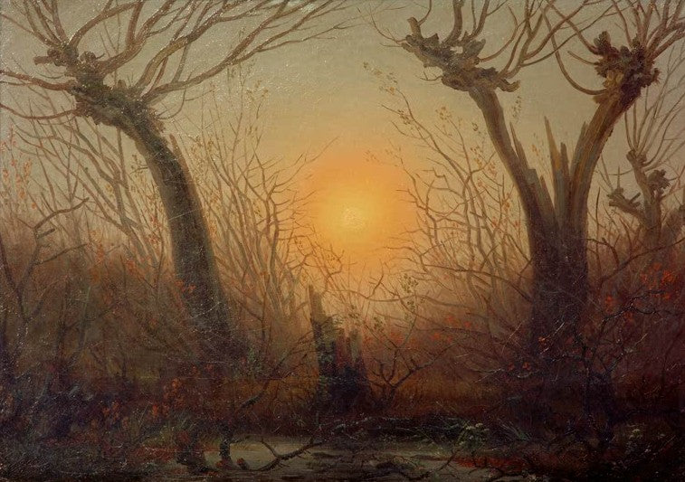 Knorrige Weiden vor tiefstehender oranger Sonne – Caspar David Friedrich Weidengebüsch bei tiefstehender Sonne Kunstkopie