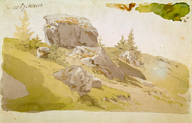 Aquarell von Felsblöcken auf grüner Wiese mit jungen Fichten – Caspar David Friedrich Wiesenstück mit Felsen Kunstkopie