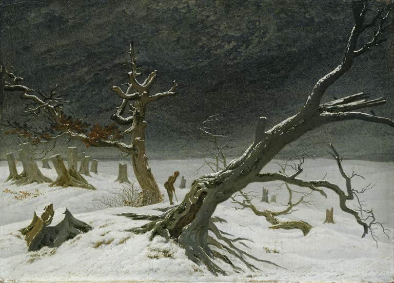 Verschneite Lichtung mit kahlen Eichen und einem Wanderer – Caspar David Friedrich Winterlandschaft Kunstkopie