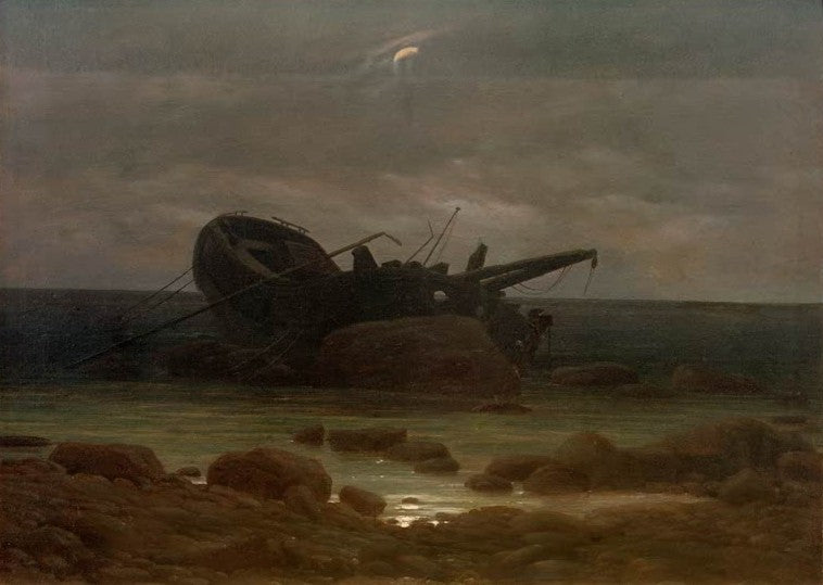 Gestrandetes Schiffswrack zwischen Felsen im Mondschein am Meer – Caspar David Friedrich Wrack im Mondschein Kunstkopie
