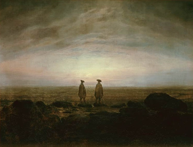Zwei Männer in Mänteln am Meer unter bewölktem Himmel – Caspar David Friedrich Zwei Männer am Meer bei Mondaufgang Kunstkopie