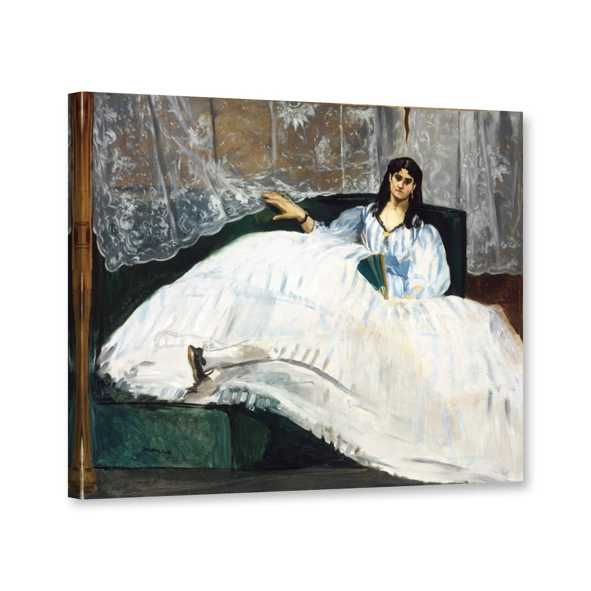 Dame mit Fächer (Jeanne Duval) von Édouard Manet als Leinwand – Perspektivansicht