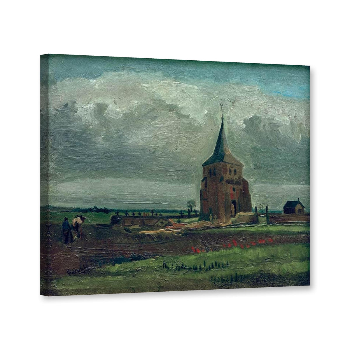 Der alte Friedhofsturm in Nuenen mit pflügendem Bauer von Vincent Van Gogh als Leinwand – Perspektivansicht