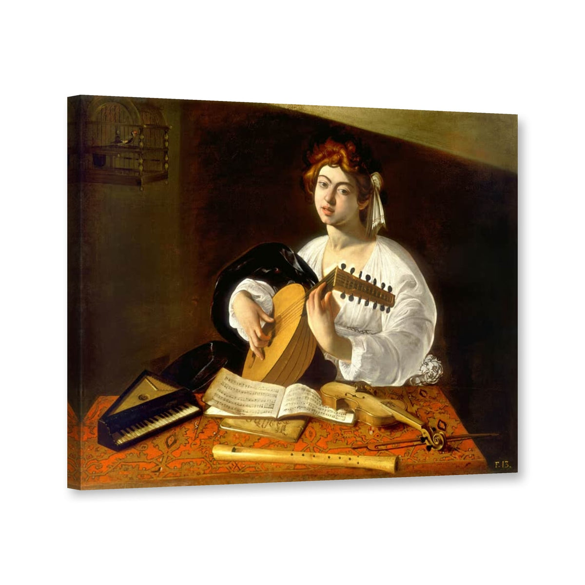 Der Lautenspieler, Fassung Wildenstein von Michelangelo Caravaggio als Leinwand – Perspektivansicht