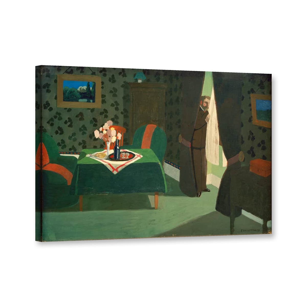 Die Erwartung, Mann am Vorhang im grünen Salon von Félix Vallotton als Leinwand – Perspektivansicht