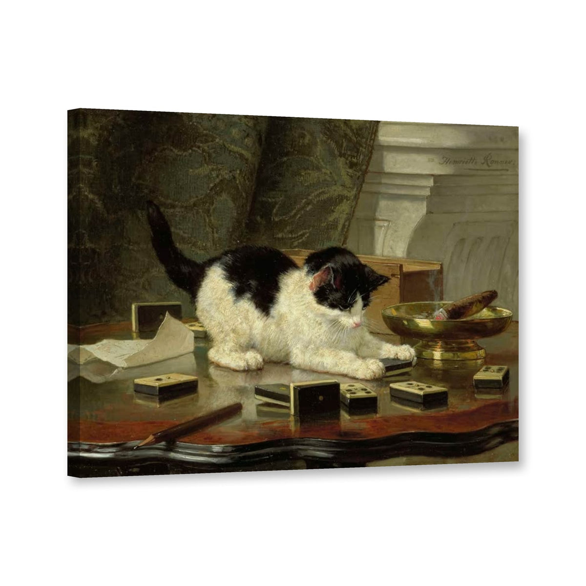 Die Katze beim Spielen von Henriette Ronner-Knip als Leinwand – Perspektivansicht