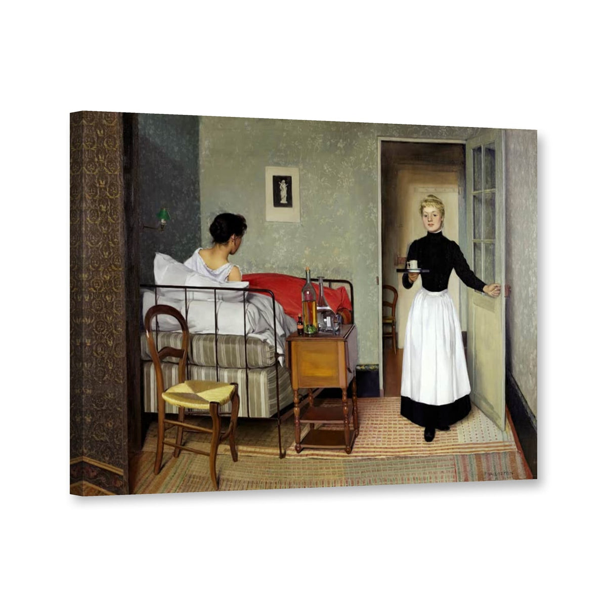 Die Kranke, Dienstmädchen mit Tablett im Schlafzimmer von Félix Vallotton als Leinwand – Perspektivansicht