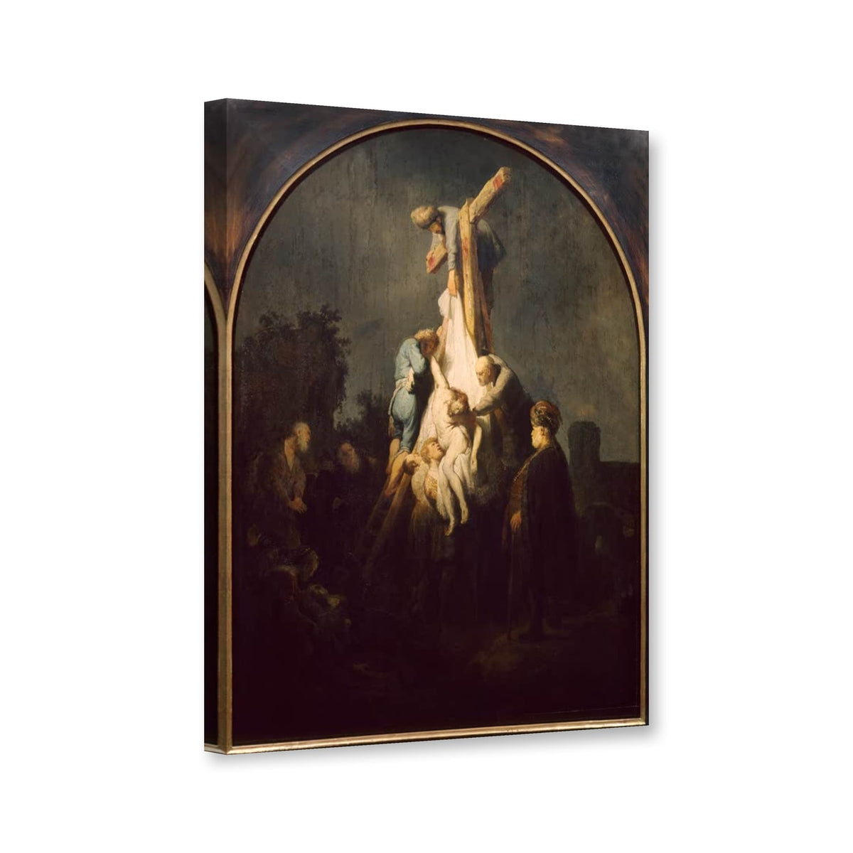 Die Kreuzabnahme von Rembrandt van Rijn als Leinwand – Perspektivansicht