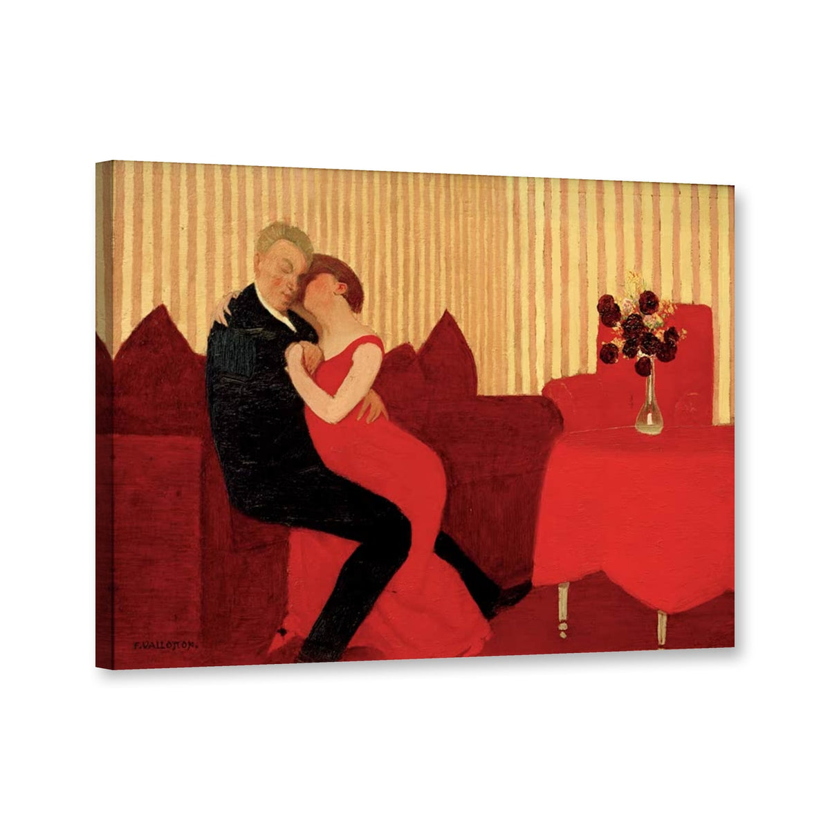 Die Lüge, Paar auf rotem Sofa von Félix Vallotton als Leinwand – Perspektivansicht