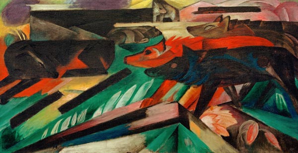 „Die Wölfe (Balkankrieg)“ von Franz Marc als hochwertiger Kunstdruck – expressionistisches Tiermotiv in kräftigen Farben, erhältlich als Leinwand oder Poster, handgefertigt in Deutschland