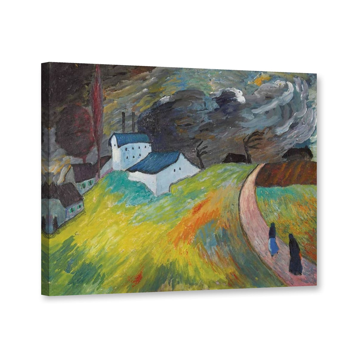 Dorflandschaft mit zwei heimkehrenden Frauen von Marianne von Werefkin als Leinwand – Perspektivansicht