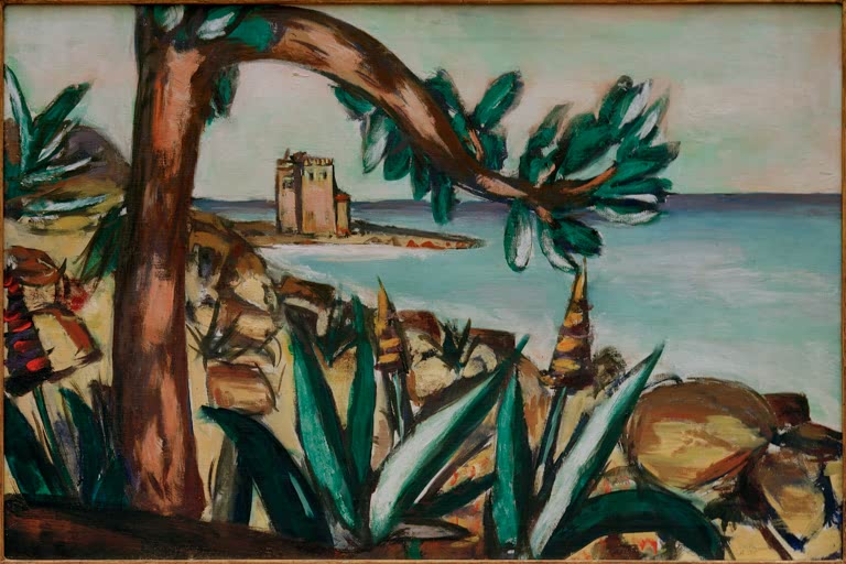 Meerlandschaft mit altem Schloß und Agaven