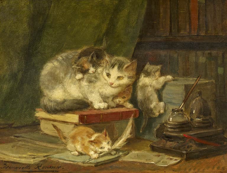 Katzenmutter mit Kitten in der Bibliothek