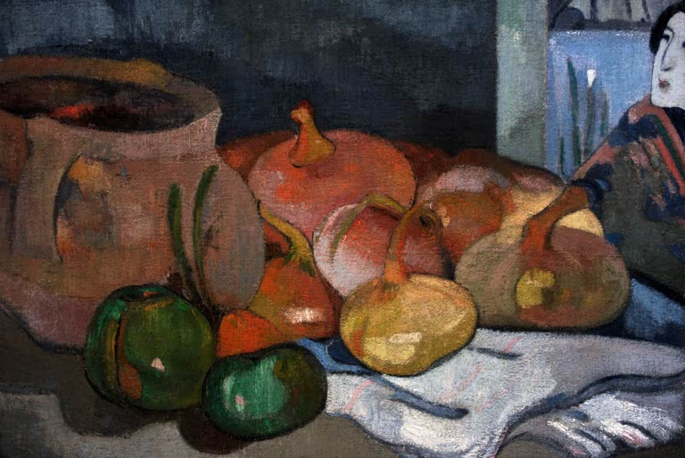Nature morte avec des oignons, betteraves rouges et estampe japonaise