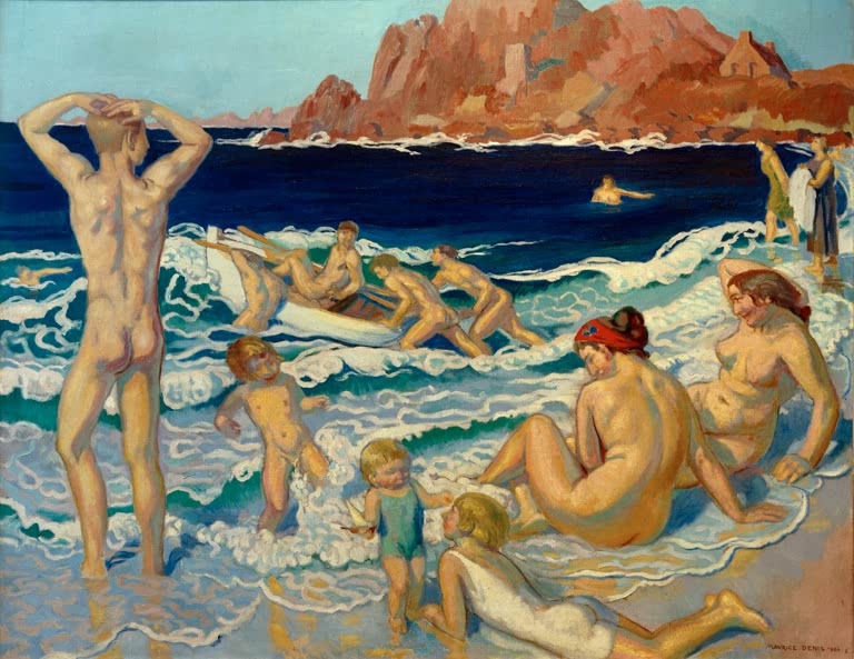 Plage au canot et à l'homme nu – Baigneurs à Perros-Guirec